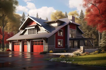 Cutting-Edge Design: Eye-Catching New Development Property with Three-Car Garage and Red Siding, accented by Natural Stone Features, generative AI