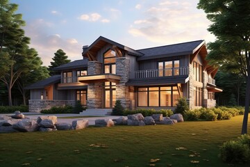 Cutting-Edge Design & Eye-Catching Features: New Development Property with Three-Car Garage, Burgundy Siding, and Natural Stone Accents, generative AI