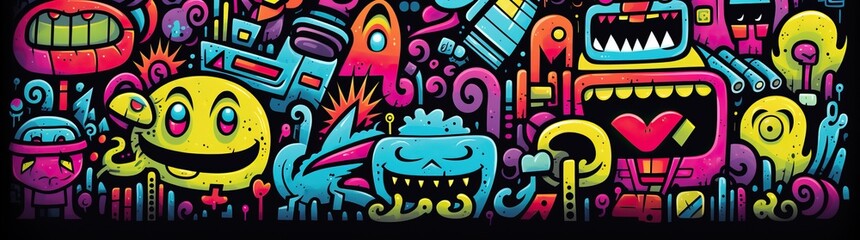 doodle a collection of colorful signs, in the style of distorted figures and forms, cartoon black background