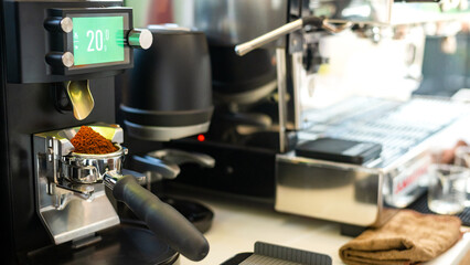 Coffee machine making a cup of coffee. Coffee preparation concept