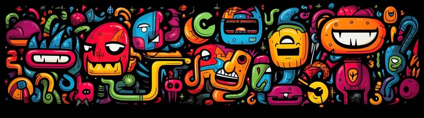 Fototapeta premium doodle a collection of colorful signs, in the style of distorted figures and forms, cartoon black background