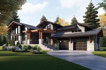 Obraz premium Cutting-edge Design and Eye-Catching Features: A Dark Green Siding Property with Three-Car Garage and Natural Stone Accents, generative AI