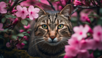 Naklejka na ściany i meble Cute kitten looking at camera in natural beauty with flowers generated by AI