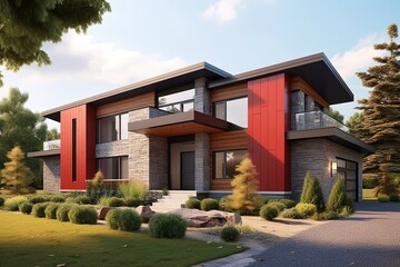 Contemporary Layout Inspires with Red Siding & Natural Stone Cladding in New Build House with Single Car Garage, generative AI