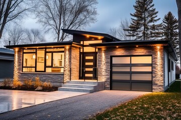 Contemporary Layout: Inspirational New Build House with Single Car Garage, Gray Siding, and Natural Stone Cladding, generative AI