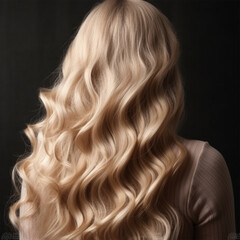 Naklejka premium young woman with perfect blond hair in wavy styling on a dark background.back view. Social media content for beauty salons. Generative AI