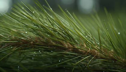 Fresh green pine needles glisten with dew in the morning generated by AI