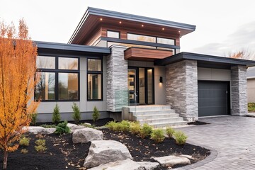 Contemporary Layout and Natural Stone Cladding Enhance Inspirational New Build House with Single Car Garage and Brown Siding, generative AI