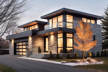 Contemporary Layout - Inspirational New Build House with Coral Siding and Single Car Garage, Enhanced by Stylish Natural Stone Cladding, generative AI