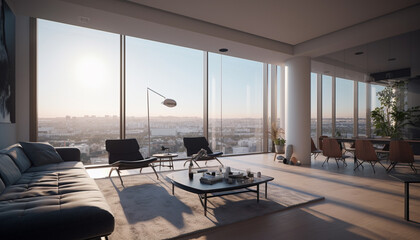 Modern office with panoramic cityscape view through bright glass window generated by AI