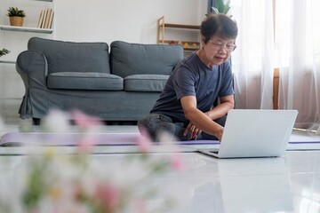 The mature woman exercising to sports video on laptop in living room.