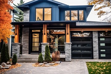 Retro-Inspired New House with Contemporary Features: Navy Blue Siding, Single Car Garage, and Natural Stone Facade, generative AI