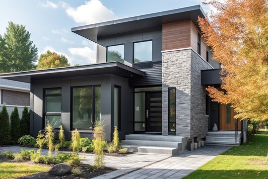 Contemporary Layout: Inspiring New Build House with Gray Siding, Natural Stone Cladding, and Single Car Garage, generative AI