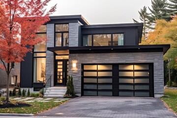 Contemporary Features Enhanced by a Retro-Inspired New House: Dark Gray Siding, Natural Stone Facade, and Single Car Garage, generative AI