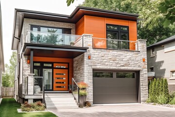 Retro-inspired New House with Contemporary Features: Single Car Garage, Orange Siding, and Natural Stone Facade, generative AI