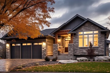 Fototapeta na wymiar Retro-Inspired New House: Contemporary Features, Gray Siding, Natural Stone Facade, Single Car Garage, generative AI