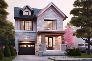 Fototapeta premium Retro-Inspired New House with Contemporary Features: Single Car Garage, Pink Siding and Natural Stone Facade, generative AI