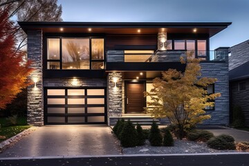 Retro-Inspired New House: Contemporary Features, Single Car Garage, Dark Gray Siding, Natural Stone Facade, generative AI