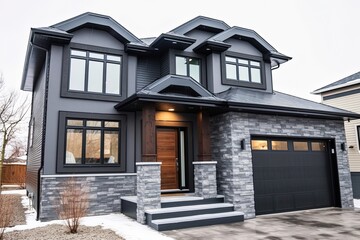 Double Garage & Dark Gray Siding: Visionary New House with Innovative Aesthetic and Natural Stone Embellishments, generative AI
