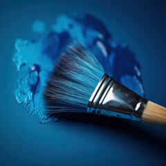 Fototapeta premium Paint brush with blue paint on blue background. Generative AI