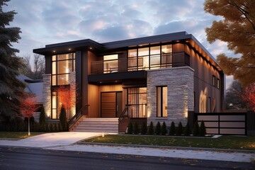 Fototapeta premium Visionary Design: A Brand New House with Innovative Aesthetic, Double Garage, Bronze Siding, and Natural Stone Embellishments, generative AI