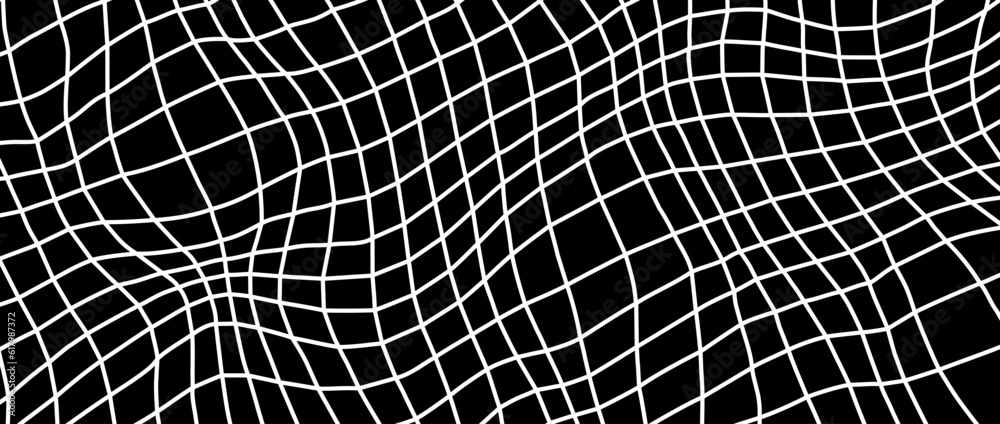 Aufkleber Distorted outline wireframe background. Abstract wavy flowing chessboard wallpaper. Warped curved grid surface pattern. White black geometric texture with optical illusion effect. Vector illustration