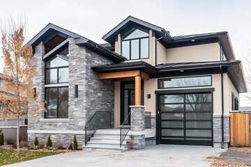 Innovative Aesthetic: Visionary Brand New House with Double Garage, Light Gray Siding, and Natural Stone Embellishments, generative AI