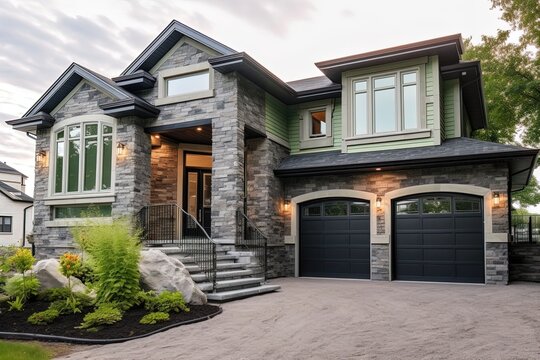 Visionary Innovation: Aesthetic, Double Garage & Natural Stone Embellishments in a Brand New House with Light Green Siding, generative AI