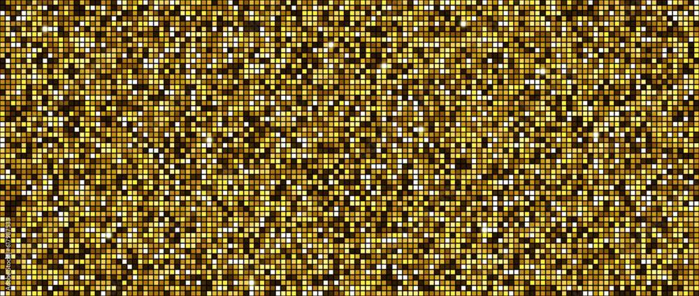 Poster Seamless pixelated golden texture. Yellow noise grain pattern. Shining sparkling gold mosaic background. Yellow square glitter vector background