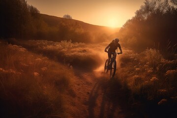 Fototapeta premium A cyclists races at sunset in difficult cross-country conditions . Generative AI