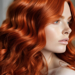 Fototapeta premium close-up element of portrait of young woman with bright red hair color and hairstyle. Banner or poster. Social media content for beauty salons. hair dye color in the catalog. Generative AI