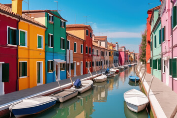 Fototapeta na wymiar Colorful houses on the canal in Burano island, Venice, Italy. Famous travel destination, generative AI