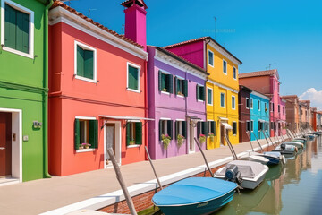 Fototapeta na wymiar Colorful houses on the canal in Burano island, Venice, Italy. Famous travel destination, generative AI