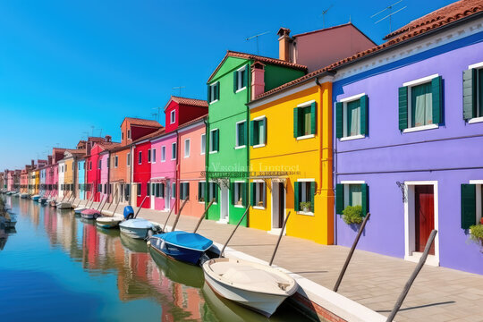 Colorful houses on the canal in Burano island, Venice, Italy. Famous travel destination, generative AI