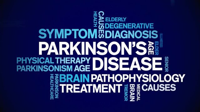 Parkinson's Disease animated tag word cloud;text design animation kinetic typography seamless loop.