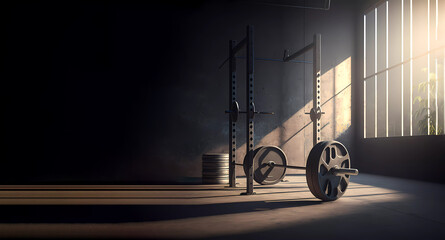 Fitness equipment. Realistic 3D banner rendering of fitness equipment. AI generated