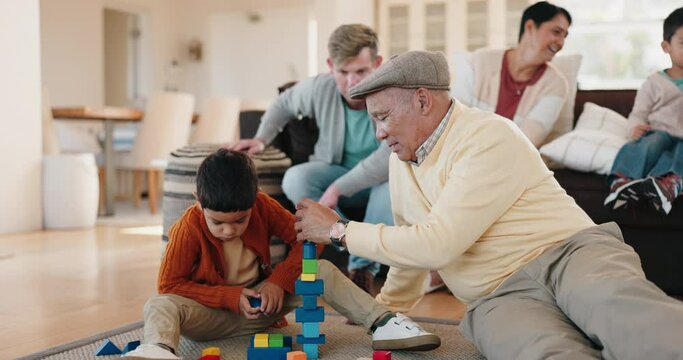Blocks, family and living room play with grandparents and children together with education activity. Home, love and kids on a lounge couch playing a game feeling happy and support with youth