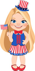 American Girl Portrait Celebrating 4th Of July Independence Day with Costume, Holding Flags Cartoon