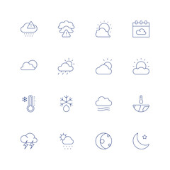Weather line icon set on transparent background with editable stroke. Containing acid rain, bad weather, bright, calendar, cloudy, cold, defrost, fog, global warming, lightning, meteorology.
