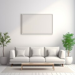  A modern style living room with 3 piece cream coloured sofa, clean lines neutral colour palette, and sleek furniture with blank grey picture frame mock up in living room with 2 green pot plants