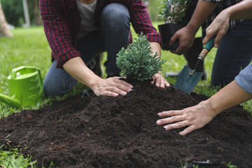 Volunteer team, youth helping to plant trees Shoveling to help increase oxygen in the air and...