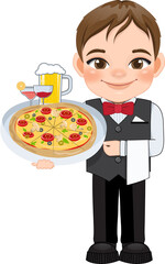 Waiter Character with Cute Boy Holding Pizza Tray Cartoon
