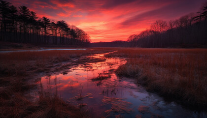 Fototapeta na wymiar Tranquil scene of a sunset over a frosty pond horizon generated by AI
