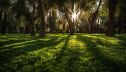 Fototapeta na wymiar Tranquil scene of nature beauty green meadow, tree, sunlight generated by AI