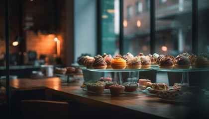 Indulgent gourmet baked goods decorate modern domestic kitchen buffet table generated by AI