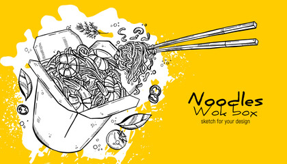 Wok box, noodle, shrimp, chopsticks, vegetables and spices. Asian cuisine. Hand drawing sketch.
