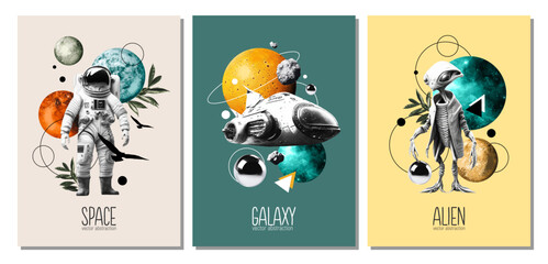 Set of postcards. Cosmic abstraction. Stylish modern design for a poster, postcard, clothing print, banner, cover or brochure. Alien, astronaut and planets © Nadin_Koryukova