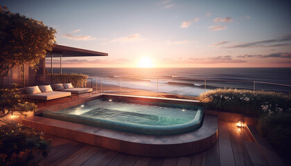 Tranquil twilight at luxury tourist resort with infinity pool overlooking coastline generated by AI