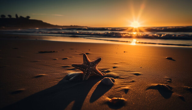 Sunset over tranquil waters, starfish and seashells adorn coastline generated by AI