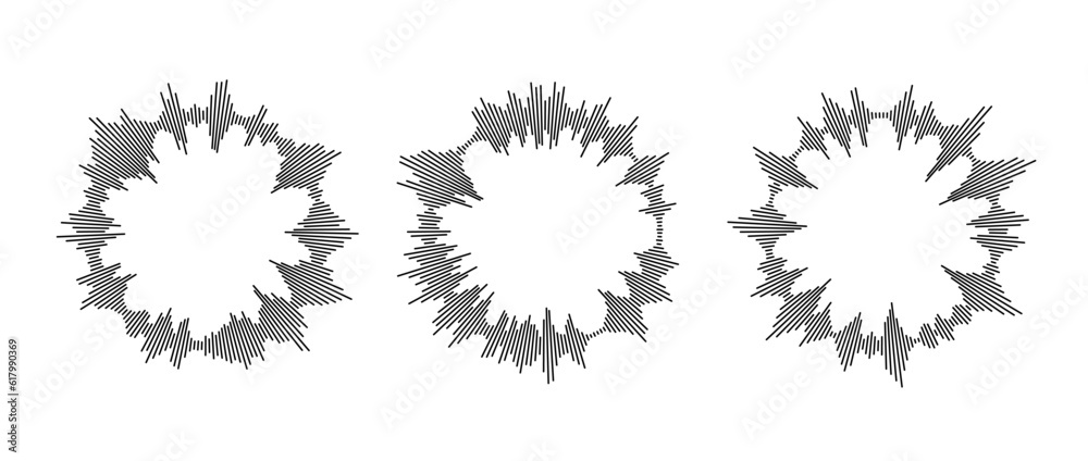 Poster Radial sound waves collection. Round music equalizer bar set. Black audio chart pack. Abstract circle radio and voice signal symbol or icon for podcast, app, player. Vector element bundle.